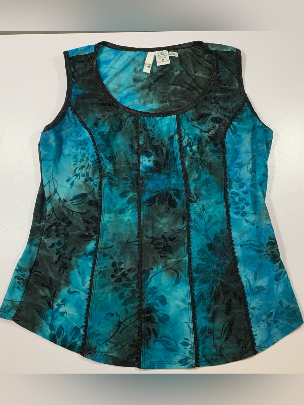 Y2K Sami And Jo Sleeveless Top M Black Lace Corset Style Blue Floral Burnout